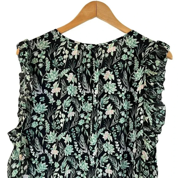 Kaari Floral Sheer Blouse Plus 3X Keyhole Flowy Black Green Pink Ruffle Sleeves - Picture 6 of 7